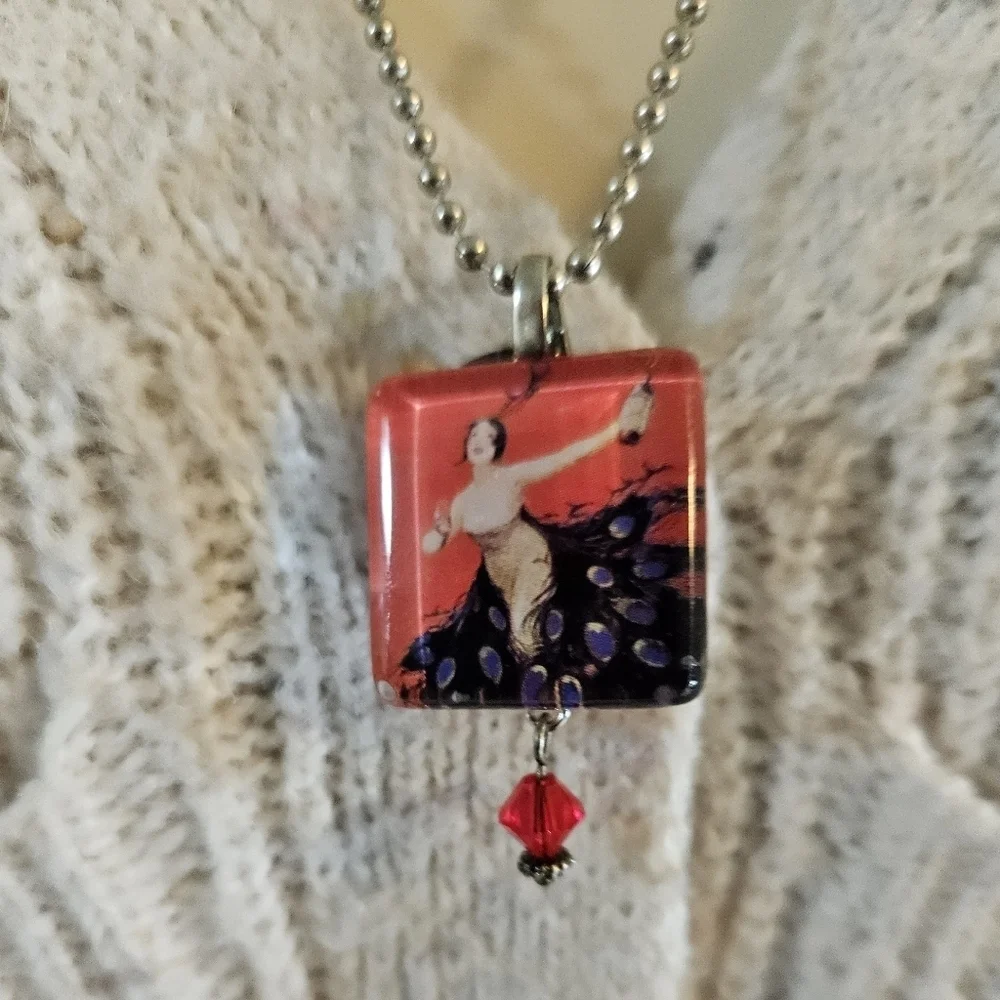 Hand Crafted vintage necklace handmade red & purple paper resin art ball chain